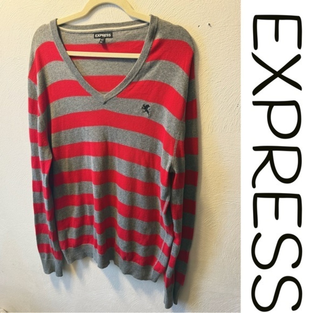 ❤️Express Red & Gray Striped V-Neck Sweater Men’s XL Long Sleeve Logo